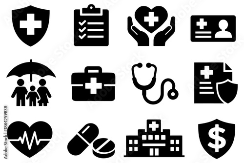 Healthcare icons set: medical insurance, hospital, emergency, family, stethoscope.