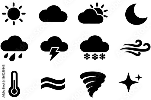 Weather icons collection: sun, rain, snow, clouds, and more.