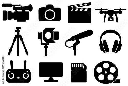 Silhouettes of film and photography equipment icons.