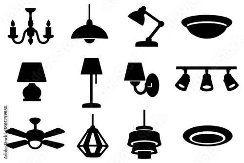 Variety of black silhouette indoor lighting fixtures and lamps collection.