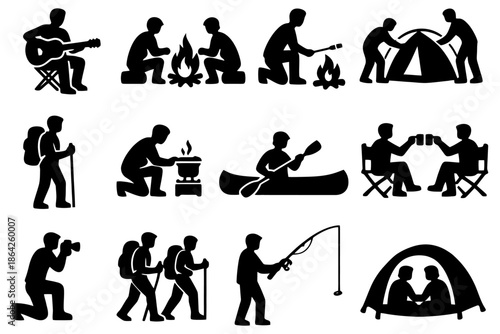 Silhouette illustrations of camping and outdoor activities.