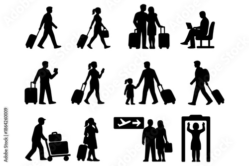 Silhouette illustrations of travelers in various airport scenarios.