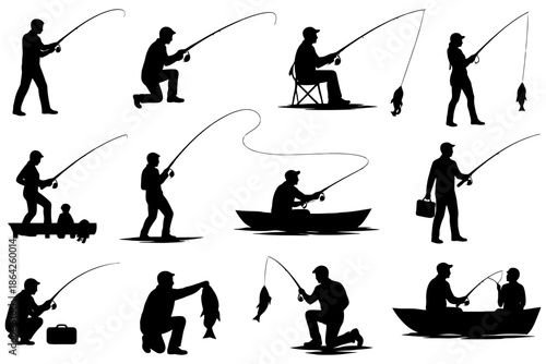 Silhouettes of diverse anglers fishing in various poses and settings.