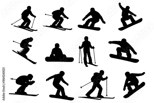 Silhouette figures performing skiing and snowboarding tricks.