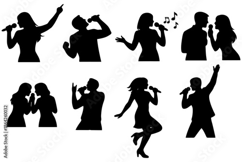 Silhouettes of singing male and female performers in dynamic poses.