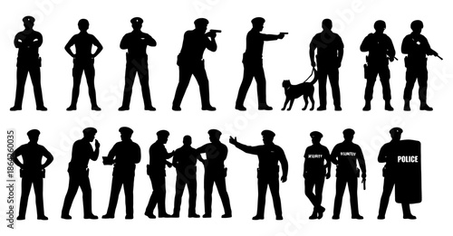 Silhouette collection of police and security figures in various poses.