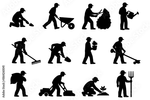 Set of silhouette gardeners performing various outdoor tasks.