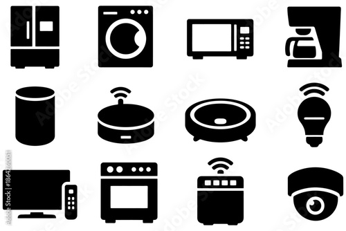 Icons of household appliances: fridge, washer, microwave, coffee maker, smart speaker, router, robot vacuum, smart bulb, tv, oven, smart hub, security camera.