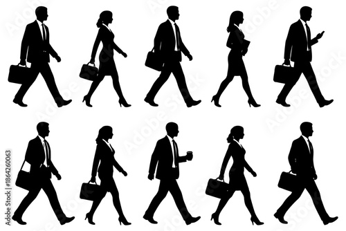 Silhouette of professionals walking in business attire.