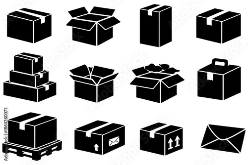 Various shipping box silhouettes: open, closed, stacked, and palletized.