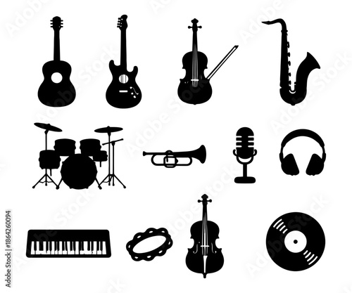 Silhouette icons: guitar, violin, saxophone, microphone, drum set, headphones, music symbols.