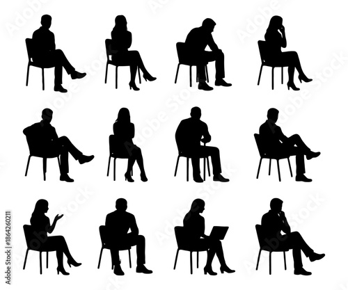 Silhouette collection of seated people in various poses.