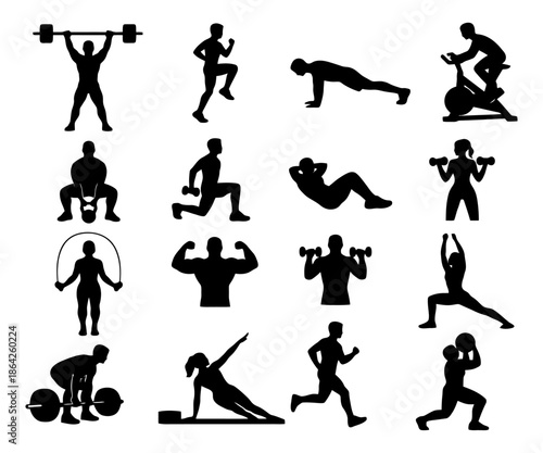 Silhouettes of athletes engaging in various fitness activities and exercises.