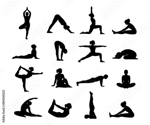 Silhouettes of diverse yoga poses highlighting various fitness techniques.
