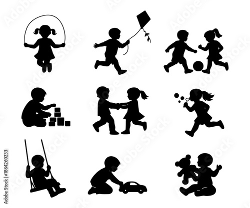 Silhouette of children playing with toys and engaging in outdoor activities.