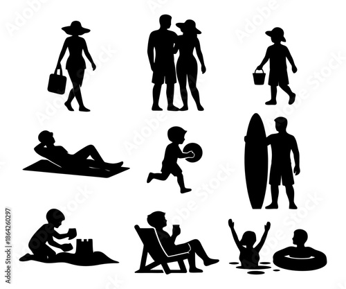 Silhouettes of people enjoying beach activities.