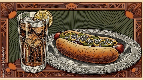 Art Deco Gourmet Hot Dog and Iced Cola Vintage Illustration