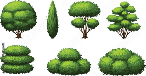 Cartoon trees, stylized bushes, tiered topiary, conical cypress, ornamental greenery, garden plants, outdoor foliage, cad drawing flat vector illustration