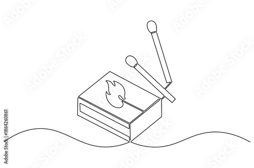 Continuous one line drawing of Matches in box with slow burn. Single line drawing illustration of Half-open matchbox with a stack of matches. Fire starter concept vector art. Doodle line illustration.