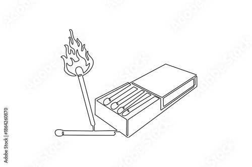 Continuous one line drawing of Matches in box with slow burn. Single line drawing illustration of Half-open matchbox with a stack of matches. Fire starter concept vector art. Doodle line illustration.