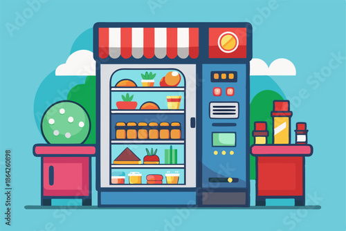 Vector flat illustration of a vending machine filled with food items. Ideal for snack, convenience, and retail-themed designs.