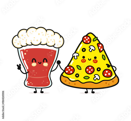 Cute beer glass and pizza slice holding hands