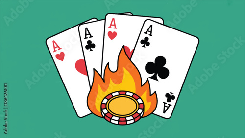 Ace cards and poker chip on fire green background