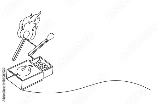 Continuous one line drawing of Matches in box with slow burn. Single line drawing illustration of Half-open matchbox with a stack of matches. Fire starter concept vector art. Doodle line illustration.