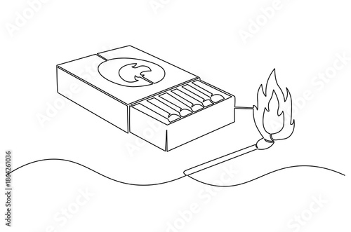 Continuous one line drawing of Matches in box with slow burn. Single line drawing illustration of Half-open matchbox with a stack of matches. Fire starter concept vector art. Doodle line illustration.