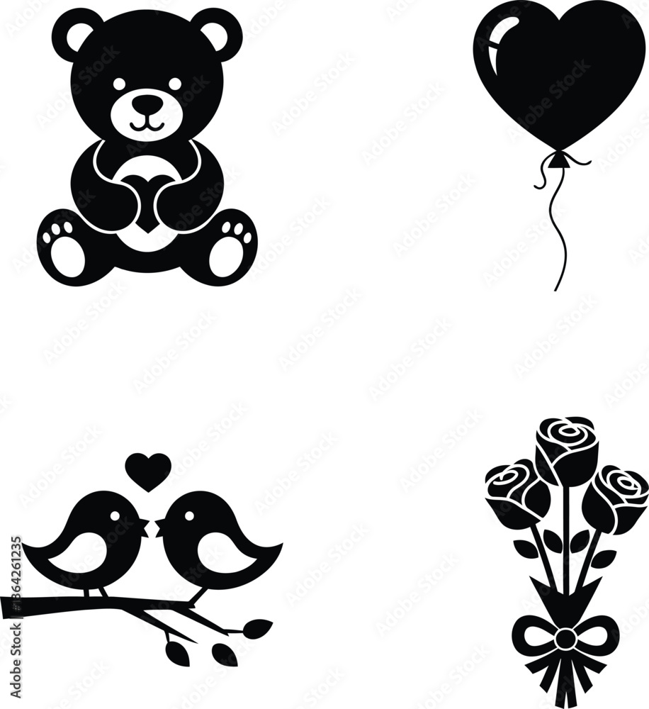 Naklejka premium Set of beautiful romantic black silhouette icons featuring a cute teddy bear holding a heart heart balloon love birds on a branch and a rose bouquet for valentine.