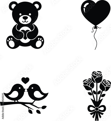 Set of beautiful romantic black silhouette icons featuring a cute teddy bear holding a heart heart balloon love birds on a branch and a rose bouquet for valentine.