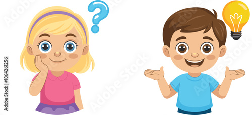 Cartoon Illustration of a Thinking Girl with a Question Mark and a Happy Boy with a Bright Idea Light Bulb