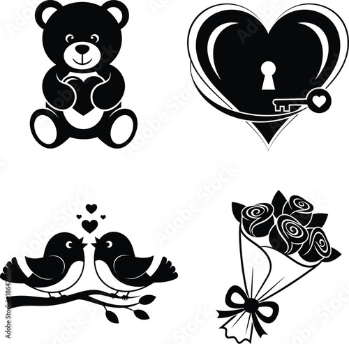 Set of romantic black silhouette icons featuring a cute teddy bear holding a heart a heart shaped lock with key love birds on a branch and a rose flower bouquet.