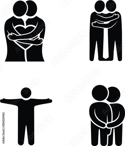 Set of minimalist hug and empathy icons featuring black silhouettes of people embracing with heart symbols representing love friendship care and human support.