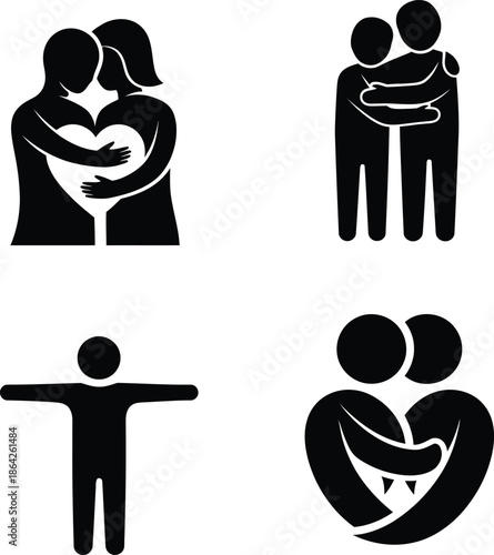 Set of minimalist hug and love icons featuring silhouettes of couples embracing and a person with open arms symbolizing friendship care and support for design.