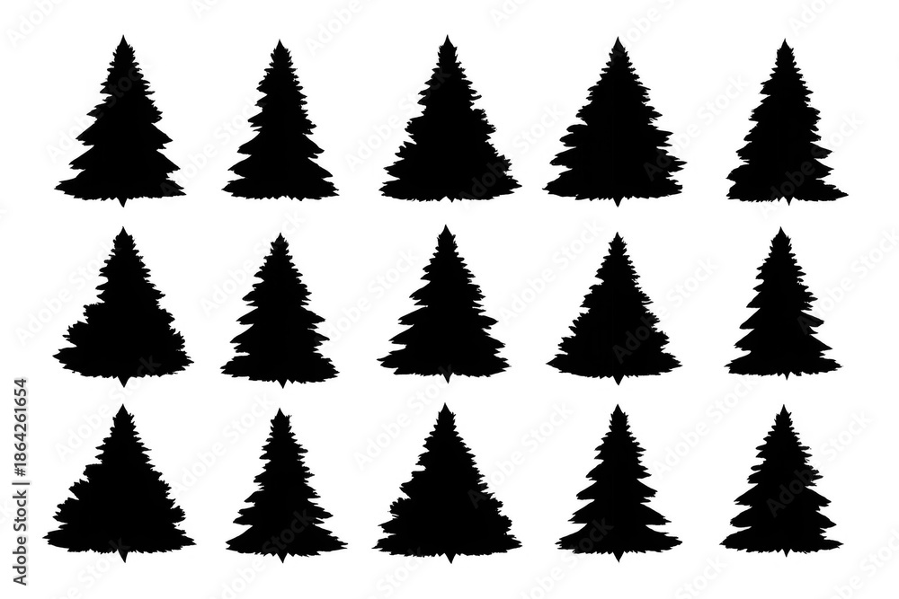 Obraz premium Coniferous tree silhouettes set with various evergreen spruce and pine shapes, transparent background
