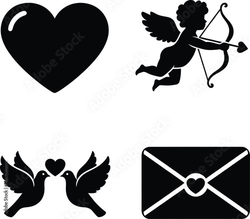 Set of black silhouette vector icons with heart cupid holding bow and arrow love birds and mail envelope.