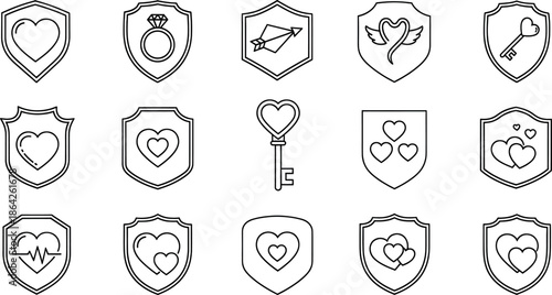 Collection of various heart and love icons in shield shapes
