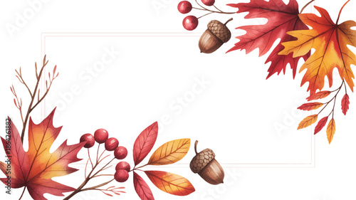 Autumn leaves and acorns border frame with red berries on white background