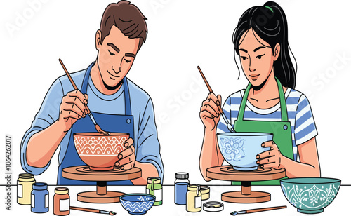 Creative couple painting pottery bowls together in art workshop illustration