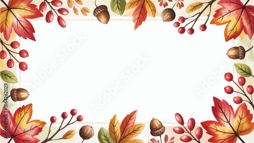 Autumn leaves and acorns border frame with red berries on white background