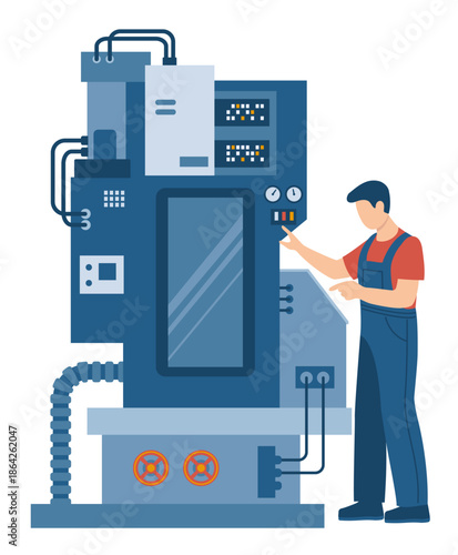 Industrial technicians diagnosing and servicing a CNC machine in a factory. Concept of industrial maintenance, automation and technical support.