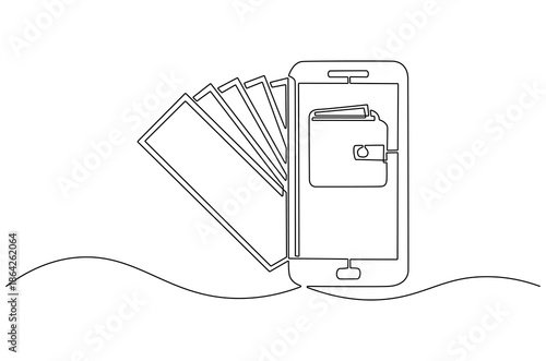 Continuous one line drawing of Sending and receiving payment with a smartphone. Single line drawing illustration of Electronic wallet. Financial savings concept vector art. Doodle line illustration.