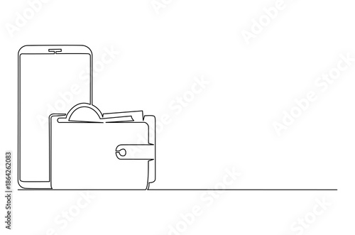 Continuous one line drawing of Sending and receiving payment with a smartphone. Single line drawing illustration of Electronic wallet. Financial savings concept vector art. Doodle line illustration.