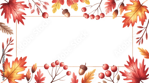 Autumn leaves and berries frame border with acorns and twigs