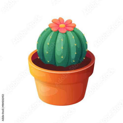 Vector illustration of a cute round cactus with a blooming flower in a terracotta pot. Decorative houseplant design suitable for stickers, prints, branding, nursery decor, posters, and modern interior