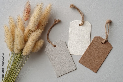 Three textured gift tags with twine hang from a neutral background next to dried grass