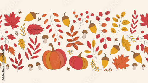 Autumn leaves and pumpkins seasonal illustration with acorns and mushrooms