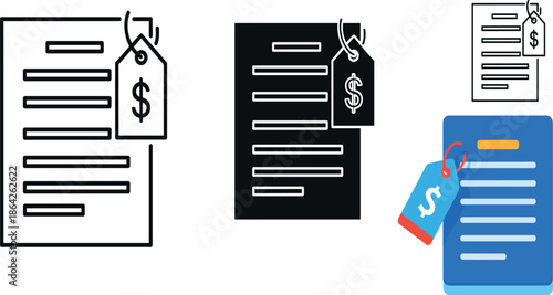 Business document icon set with price tags and dollar signs