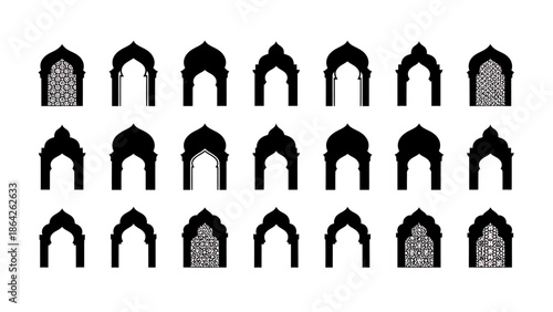 Silhouetted Islamic Archways Pattern, Graphic Design, Abstract Architecture Motifs, Digital Illustration, Black and White Symmetrical Layout